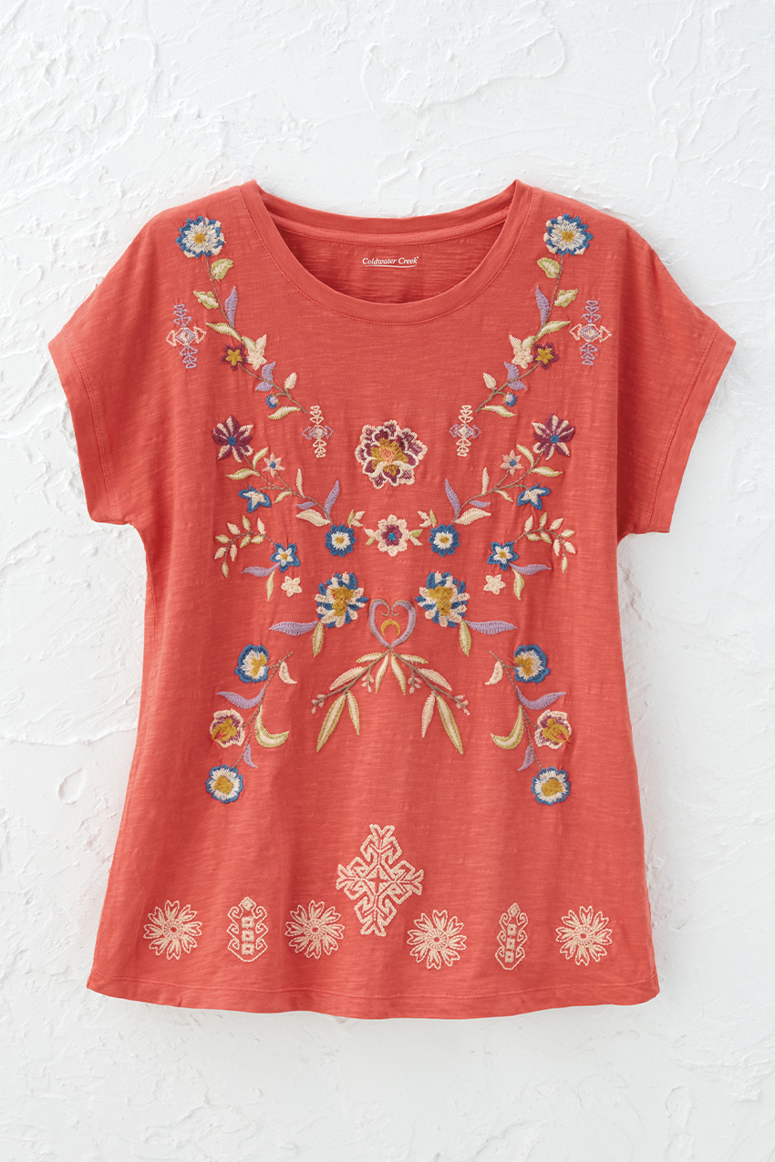 Bright Meadow Embroidered Tee - Coldwater Creek