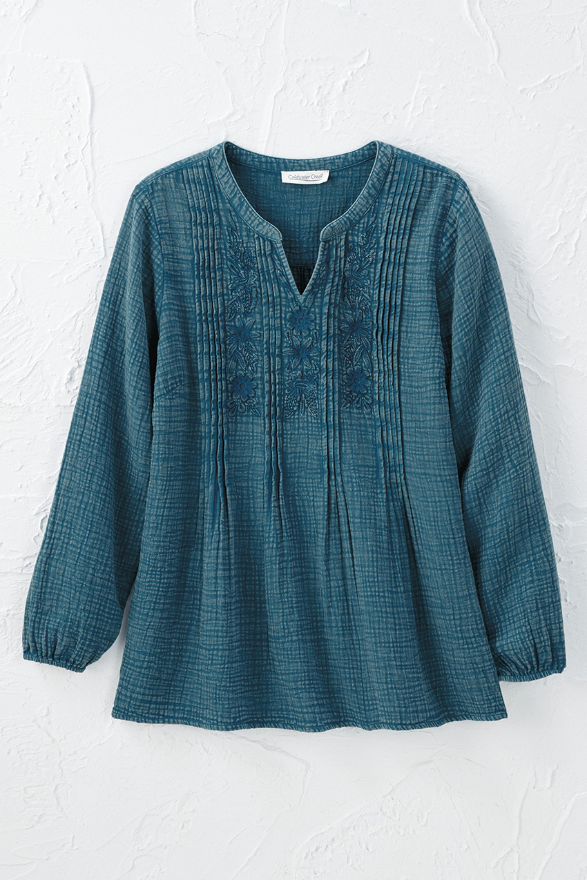 Vintage-Wash Gauze Embroidered Tunic - Coldwater Creek