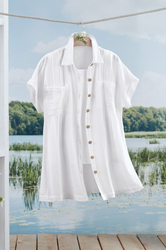Pleated Button-Front Gauze Long Tunic - Coldwater Creek