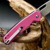 CJRB Cutlery Pyrite Folding Knife - 3.11" AR-RPM9 Satin Wharncliffe Blade, Pink G10 Handles, Button Lock - J1925-APNK