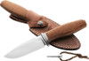 lionSTEEL Acha Fixed Blade Knife - 4.5" M390 Satin Drop Point Blade, Single Piece Natural Burlap Micarta Handle with Titanium Bolster, Leather Sheath