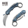 WE Knife Co Tayra Frame Lock Flipper Knife - 2.19" M390 Hand Rubbed Satin Hawkbill Blade, Blue Titanium Handles with Pinky Ring, Reversible Clip - WE24069-3