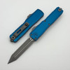 Microtech UTX-70 Gen IV OTF 2.5" M390MK Apocalyptic Double Edge Spartan Blade Blue Aluminum Handle Auto - 12494-10APBL