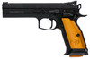 CZ-USA 91261 CZ 75 Tactical Sport 9mm Luger Caliber with 5.23" Non-Tilted Barrel, 20+1 Capacity, Overall Blued Finish Steel, Serrated Trigger Guard & Beavertail Frame, Inside Railed Slide & Orange Aluminum Grip