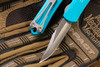 Heretic Knives Manticore-S AUTO OTF - 2.6" Stonewashed Elmax Steel Bowie Blade, Turquoise Blue Aluminum Handles