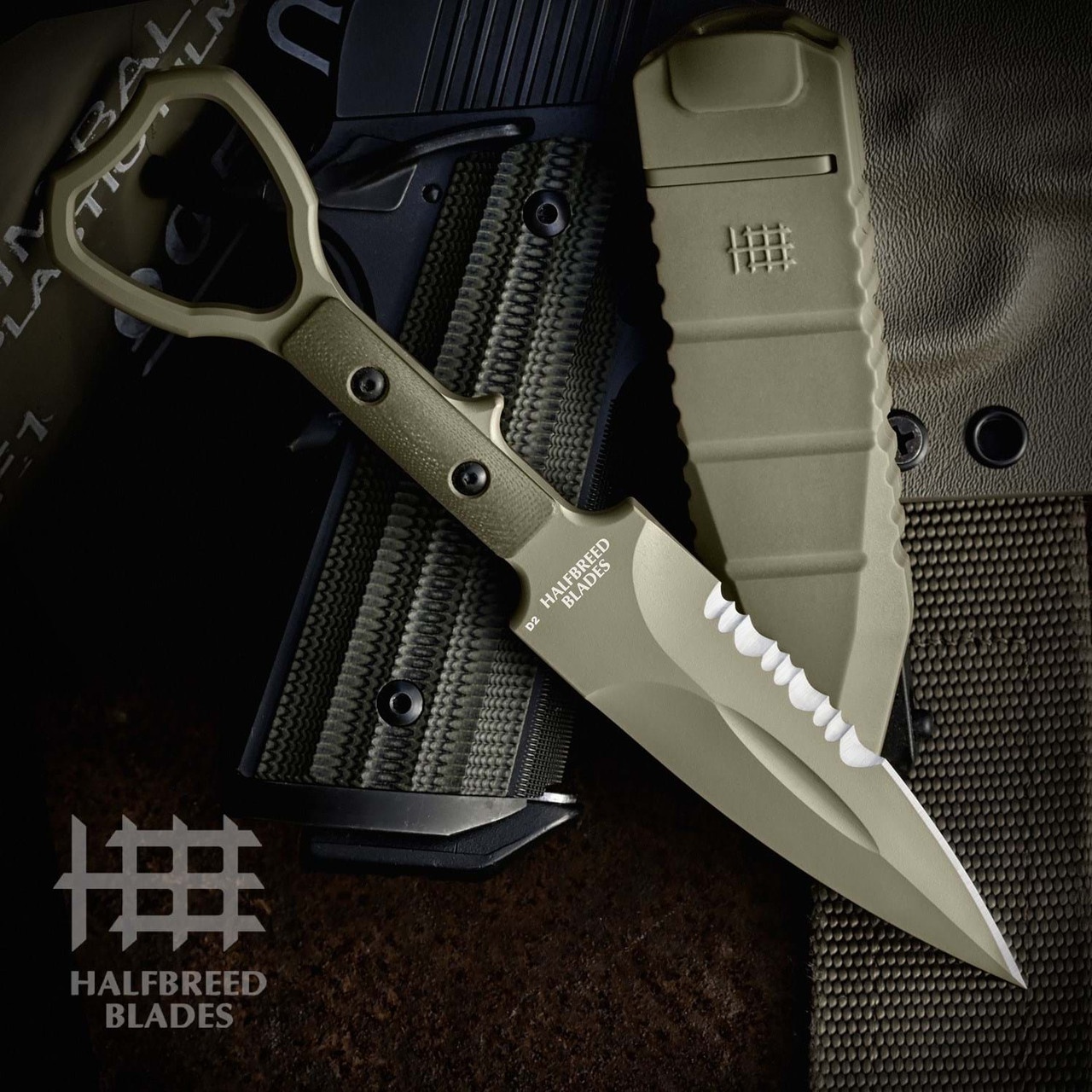 Halfbreed Blades Compact Clearance Fixed Blade Knife - 4.01 D2 OD Green  Combo Edge Dagger Blade, G10 Handles, Injection Molded Sheath - CCK-01 OD