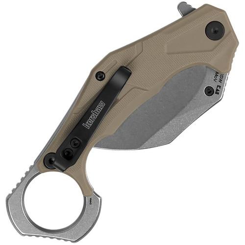 Kershaw 2064TANSW Outlier Assisted Flipper Knife - 2.6" Stonewash Karambit, Textured Tan GFN Handles with Pinky Ring Kershaw 2064TANSW Outlier Assisted Flipper Knife - 2.6" Stonewash Karambit, Textured Tan GFN Handles with Pinky Ring
