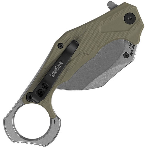 Kershaw 2064ODSW Outlier Assisted Flipper Knife - 2.6" Stonewash Karambit, Textured Green GFN Handles with Pinky Ring Kershaw 2064ODSW Outlier Assisted Flipper Knife - 2.6" Stonewash Karambit, Textured Green GFN Handles with Pinky Ring
