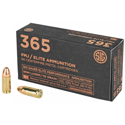 Sig Sauer Elite Performance 9MM 115 Grain Full Metal Jacket - Designed For Short Barrel Pistols, Reduces Felt Recoil, 50 Round Box