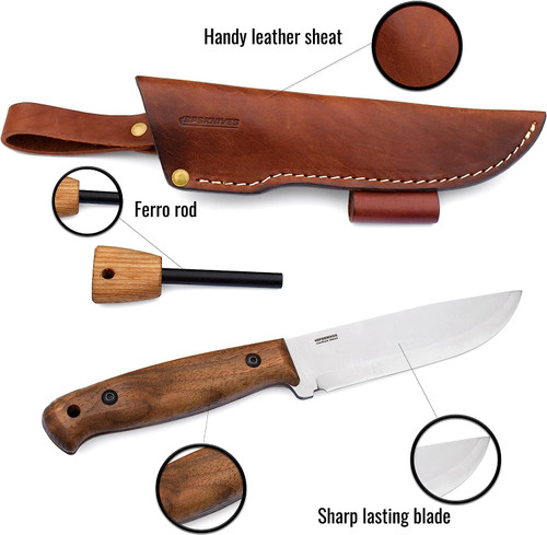 BPS Knives Adventurer Camping Bushcraft Fixed Blade - 5.3" 1066 HC Steel Blade, Walnut Wood Handles, Leather Sheath, Ferro Rod BPS Knives Adventurer Camping Bushcraft Fixed Blade - 5.3" 1066 HC Steel Blade, Walnut Wood Handles, Leather Sheath, Ferro Rod