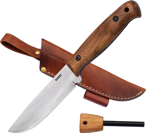 BPS Knives Adventurer Camping Bushcraft Fixed Blade - 5.3" 1066 HC Steel Blade, Walnut Wood Handles, Leather Sheath, Ferro Rod BPS Knives Adventurer Camping Bushcraft Fixed Blade - 5.3" 1066 HC Steel Blade, Walnut Wood Handles, Leather Sheath, Ferro Rod