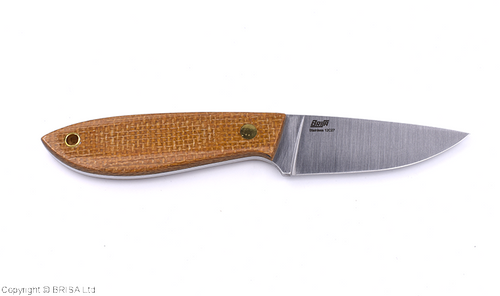 BRISA Bobtail 80 Fixed EDC Knife - 3.14" 12c27 Sandvik Drop Point Blade, Full Flat Grind, Mustard Micarta Handles, Leather Sheath BRISA Bobtail 80 Fixed EDC Knife - 3.14" 12c27 Sandvik Drop Point Blade, Full Flat Grind, Mustard Micarta Handles, Leather Sheath