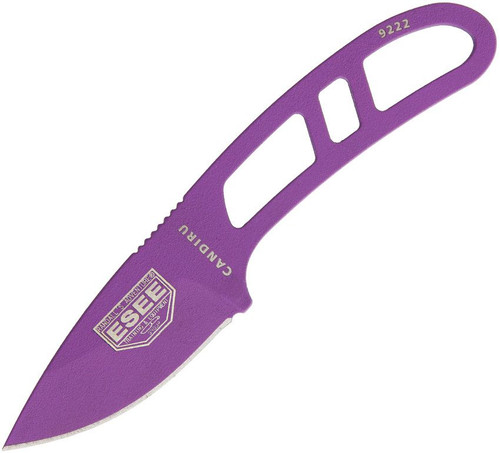 ESEE Knives Candiru EDC Fixed Blade - 2" 1095 Carbon Blade, Purple Powder Coat, White Molded Sheath with Clip Plate Attachment and Survival Kit