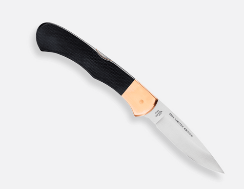 Buck 532 Legacy Collection Bucklock Folding Knife - 3" 154CM Drop Point Blade, File Worked Polished Copper Handles with Black Micarta Onlays, Leather Sheath - 13529