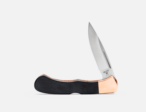 Buck 532 Legacy Collection Bucklock Folding Knife - 3" 154CM Drop Point Blade, File Worked Polished Copper Handles with Black Micarta Onlays, Leather Sheath - 13529