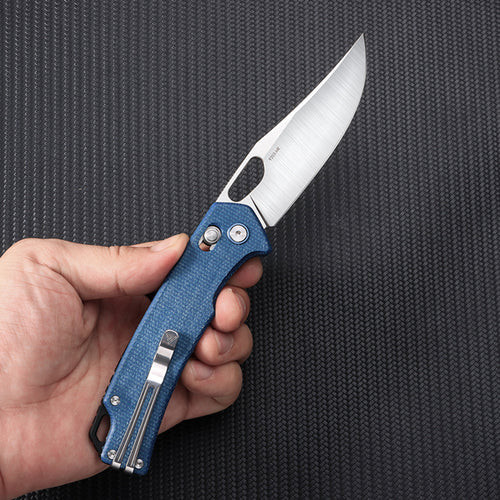 SRM Knives 9203 Ambi Lock Folding Knife - 3.54" 10Cr15CoMoV Stainless Steel Blade, Blue Micarta Handle - 9203-ME SRM Knives 9203 Ambi Lock Folding Knife - 3.54" 10Cr15CoMoV Stainless Steel Blade, Blue Micarta Handle - 9203-ME