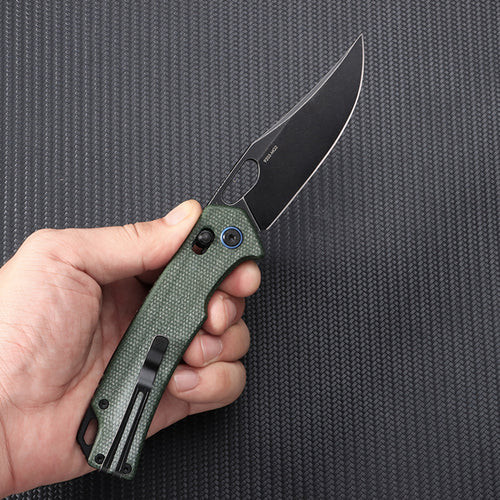 SRM Knives 9203 Ambi Lock Folding Knife - 3.54" 10Cr15CoMoV Stainless Steel Black Blade, OD Green Micarta Handle - 9203-MG2 SRM Knives 9203 Ambi Lock Folding Knife - 3.54" 10Cr15CoMoV Stainless Steel Black Blade, OD Green Micarta Handle - 9203-MG2