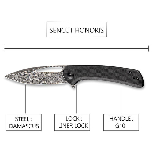 Sencut Knives SA07C Honoris Flipper Knife - 3.47" Damascus Drop Point Blade, Black G10 Handles Sencut Knives SA07C Honoris Flipper Knife - 3.47" Damascus Drop Point Blade, Black G10 Handles