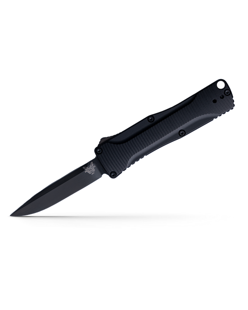 Benchmade 4850BK Om OTF AUTO Knife - 2.475" S30V Black DLC Clip Point Blade, Black Aluminum Handles