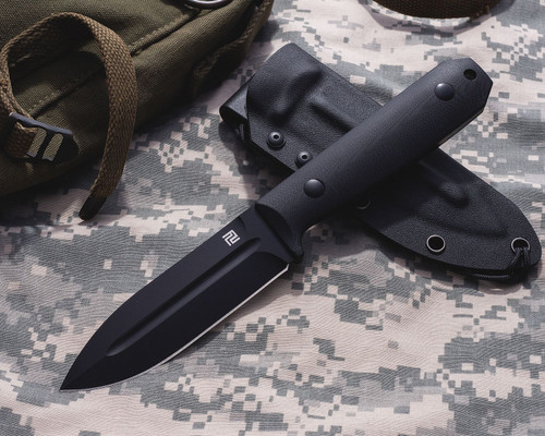 Artisan Cutlery Wreckhart Fixed Blade - 4.41" Black AR-RPM9 Drop Point Blade, Contoured Black G10 Handles, Kydex Sheath - 1855B-BBK Artisan Cutlery Wreckhart Fixed Blade - 4.41" Black AR-RPM9 Drop Point Blade, Contoured Black G10 Handles, Kydex Sheath - 1855B-BBK