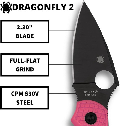 Spyderco Dragonfly 2 Lightweight Folding Knife - 2.28" S30V Black TiCN Plain Blade, Pink FRN Handles - C28FPPNS30VBK2 Spyderco Dragonfly 2 Lightweight Folding Knife - 2.28" S30V Black TiCN Plain Blade, Pink FRN Handles - C28FPPNS30VBK2