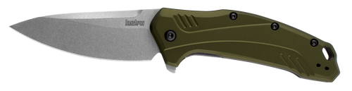 Kershaw Link Assisted Flipper Knife - 3.25" CPM-20CV Stonewashed Plain Blade, Olive Aluminum Handles - 1776OLSW