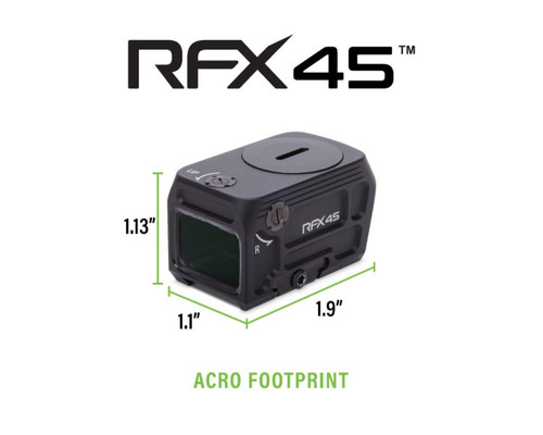 Viridian RFX45 Pro Fully Enclosed Green Dot Reflex Sight - 5 MOA Green Dot, ACRO Footprint, Matte Black, Includes MOS and RMR Adapter Plates, High and Low Picatinny Mounts Viridian RFX45 Pro Fully Enclosed Green Dot Reflex Sight - 5 MOA Green Dot, ACRO Footprint, Matte Black, Includes MOS and RMR Adapter Plates, High and Low Picatinny Mounts