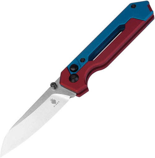 Kizer Knives Hyper Button Lock Folding Knife - 2.99" S35VN Stonewashed Drop Point Blade, Red/Blue Milled Aluminum Handles - Ki3632A1