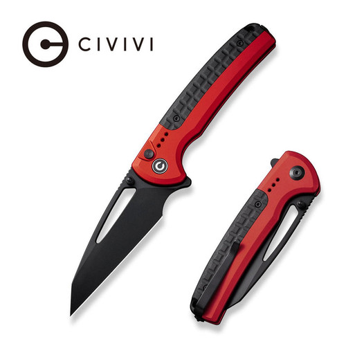 CIVIVI Knives Sentinel Strike Button Lock Flipper Knife - 3.7" K110 Black Reverse Tanto Blade, Red Aluminum Handles with Black FRN Inlay - C22025B-1
