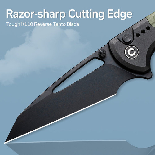 CIVIVI Knives Sentinel Strike Button Lock Flipper Knife - 3.7" K110 Black Reverse Tanto Blade, Black Aluminum Handles with OD Green FRN Inlay - C22025B-3 CIVIVI Knives Sentinel Strike Button Lock Flipper Knife - 3.7" K110 Black Reverse Tanto Blade, Black Aluminum Handles with OD Green FRN Inlay - C22025B-3