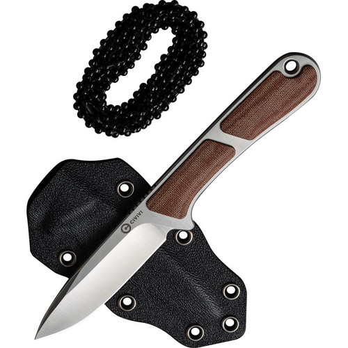 CIVIVI Knives Mini Elementum Fixed Blade Neck Knife - 2.24" Nitro-V Satin Drop Point Blade, Brown Linen Micarta Handles, Kydex Sheath - C23010-2 CIVIVI Knives Mini Elementum Fixed Blade Neck Knife - 2.24" Nitro-V Satin Drop Point Blade, Brown Linen Micarta Handles, Kydex Sheath - C23010-2