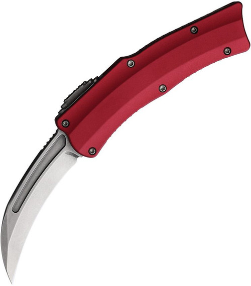 Heretic Knives Roc OTF Auto Knife - 3.2" CPM-MagnaCut Hawkbill Blade, Red Aluminum Handles