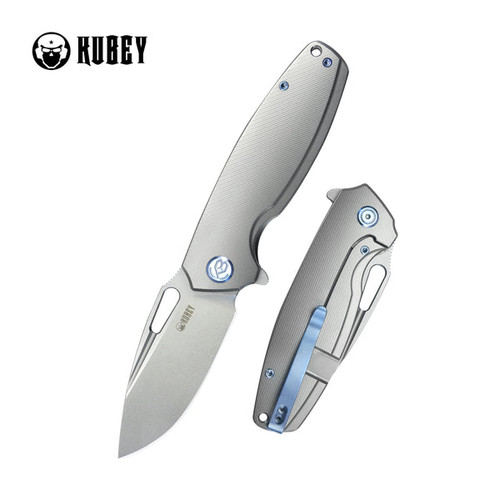 Kubey Knife Tityus Frame Lock Flipper Folding Knife - 3.39" Bead Blasted 14C28N, Gray 6AL4V Contoured Titanium Handle - KB360A