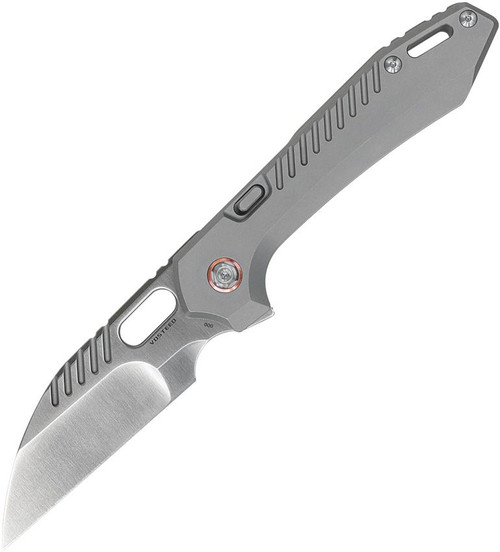 Vosteed Cutlery RSKAOS Mayhem Folding Knife - 3.46" M390 Satin Wharncliffe Blade, Gray Titanium Handles