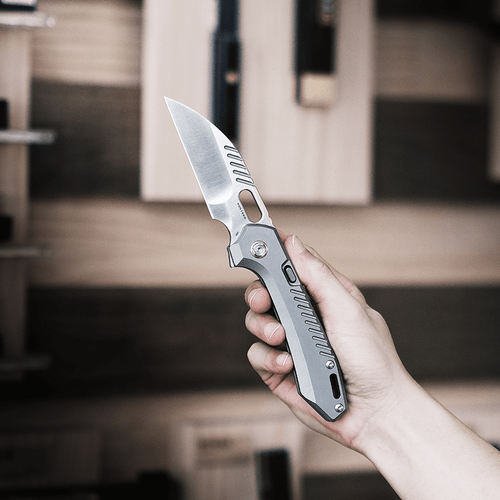Vosteed Cutlery RSKAOS Mayhem Folding Knife - 3.46" M390 Satin Wharncliffe Blade, Gray Titanium Handles Vosteed Cutlery RSKAOS Mayhem Folding Knife - 3.46" M390 Satin Wharncliffe Blade, Gray Titanium Handles