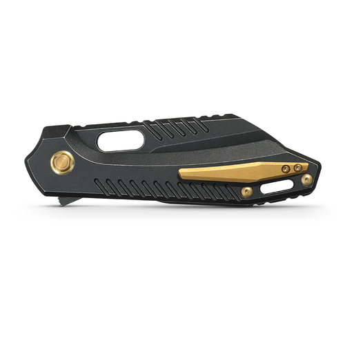 Vosteed Cutlery RSKAOS Mayhem Mayhem Folding Knife - 3.46" M390 Black PVD Sheepsfoot Blade, Black Titanium Handles, Gold Accents Vosteed Cutlery RSKAOS Mayhem Mayhem Folding Knife - 3.46" M390 Black PVD Sheepsfoot Blade, Black Titanium Handles, Gold Accents