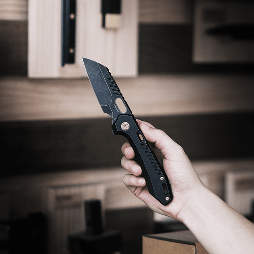 Vosteed Cutlery RSKAOS Mayhem Mayhem Folding Knife - 3.46" M390 Black PVD Sheepsfoot Blade, Black Titanium Handles, Gold Accents Vosteed Cutlery RSKAOS Mayhem Mayhem Folding Knife - 3.46" M390 Black PVD Sheepsfoot Blade, Black Titanium Handles, Gold Accents