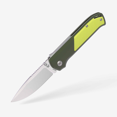 Flytanium Arcade Shark Folding Knife - 3.2" S35VN Satin Drop Point Blade, OD Green Aluminum Handles, Yellow G10 Inlay, Demko Shark Lock