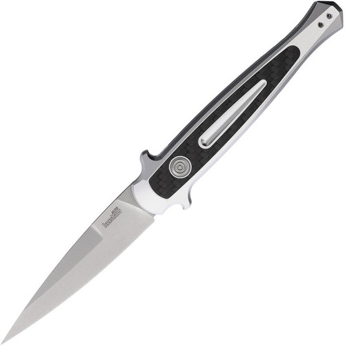 Kershaw 7150RAW Launch 8 Button Lock AUTO Folding Knife - 3.5" Stonewashed CPM-154 Spear Point Blade, Raw Aluminum Handles w/ Carbon Fiber Inlay