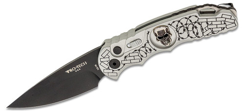 ProTech TR-5.62 Custom AUTO Folding Knife - 3.25" S35VN Black DLC Blade, Silver Aluminum Handles with Skull Inlay, Pearl Button, Nylon Pouch ProTech TR-5.62 Custom AUTO Folding Knife - 3.25" S35VN Black DLC Blade, Silver Aluminum Handles with Skull Inlay, Pearl Button, Nylon Pouch