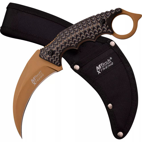 MTech USA Xtreme Tactical Karambit Fixed Blade Knife - 4.0" Stainless Steel Tan Blade, Black/Brown G10 Handles, Nylon Sheath - MX-8140BN MTech USA Xtreme Tactical Karambit Fixed Blade Knife - 4.0" Stainless Steel Tan Blade, Black/Brown G10 Handles, Nylon Sheath - MX-8140BN