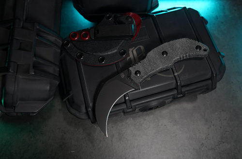 Bastinelli Creations Primal Karambit Fixed Blade Knife - 2.48" N690 Black PVD Hawkbill Blade, Black Canvas Micarta Handles, IWB Kydex Sheath - BC-40 PVD Bastinelli Creations Primal Karambit Fixed Blade Knife - 2.48" N690 Black PVD Hawkbill Blade, Black Canvas Micarta Handles, IWB Kydex Sheath - BC-40 PVD