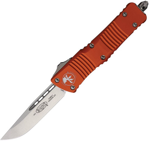 Microtech 143-10OR Combat Troodon AUTO OTF Knife - 3.75" Stonewashed Drop Point Plain Blade, Orange Aluminum Handle