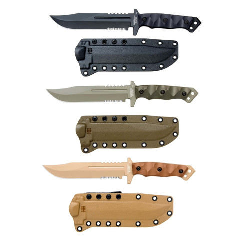 Halfbreed Blades Gen 2 Large Infantry Knife Fixed Blade - 6.89" K110 D2 FDE Teflon Clip Point Combo Blade, FDE Contoured G10 Handles, Molded Kydex Sheath Halfbreed Blades Gen 2 Large Infantry Knife Fixed Blade - 6.89" K110 D2 FDE Teflon Clip Point Combo Blade, FDE Contoured G10 Handles, Molded Kydex Sheath