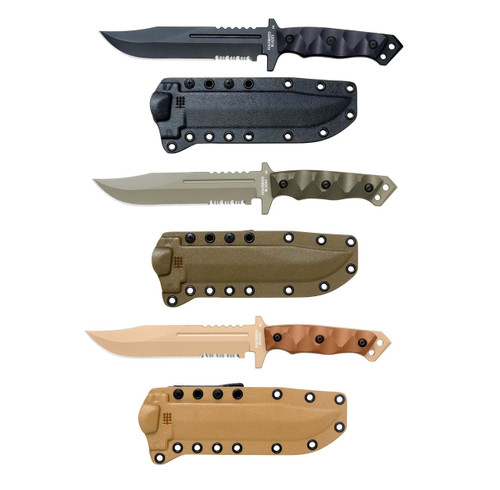 Halfbreed Blades Gen 2 Large Infantry Knife Fixed Blade - 6.89" K110 D2 Black Teflon Clip Point Combo Blade, Black Contoured G10 Handles, Molded Kydex Sheath Halfbreed Blades Gen 2 Large Infantry Knife Fixed Blade - 6.89" K110 D2 Black Teflon Clip Point Combo Blade, Black Contoured G10 Handles, Molded Kydex Sheath