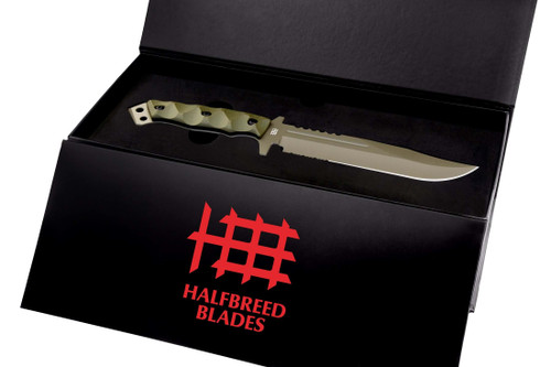 Halfbreed Blades Gen 2 Large Infantry Knife Fixed Blade - 6.89" K110 D2 OD Green Teflon Clip Point Combo Blade, OD Green Contoured G10 Handles, Molded Kydex Sheath Halfbreed Blades Gen 2 Large Infantry Knife Fixed Blade - 6.89" K110 D2 OD Green Teflon Clip Point Combo Blade, OD Green Contoured G10 Handles, Molded Kydex Sheath