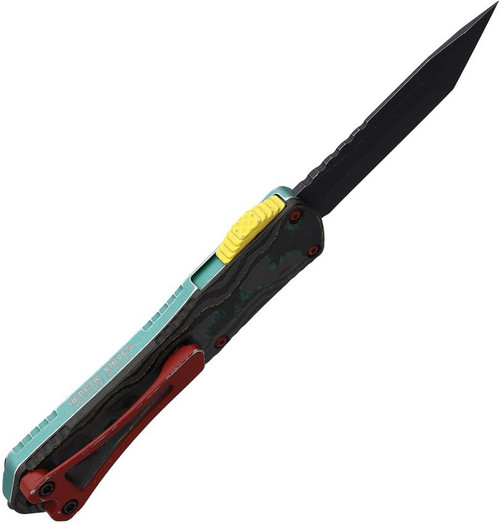 Heretic Knives Special Edition Manticore S Bounty Hunter OTF AUTO - 2.55" CPM-MagnaCut Battle Black Tanto Blade, Distressed Green Aluminum Handle with CamoCarbon Top - H023-8A-BOUNTY Heretic Knives Special Edition Manticore S Bounty Hunter OTF AUTO - 2.55" CPM-MagnaCut Battle Black Tanto Blade, Distressed Green Aluminum Handle with CamoCarbon Top - H023-8A-BOUNTY