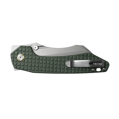 Vosteed Knives Gator Flipper Knife - 3.74" Sandvik 14C28N Satin Modified Wharncliffe Blade, Green Frag Micarta Handles, Liner Lock - GT37VWMN2 Vosteed Knives Gator Flipper Knife - 3.74" Sandvik 14C28N Satin Modified Wharncliffe Blade, Green Frag Micarta Handles, Liner Lock - GT37VWMN2
