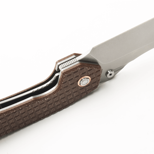 Vosteed Knives Gator Flipper Knife - 3.74" Sandvik 14C28N Satin Modified Wharncliffe Blade, Brown Frag Micarta Handles, Liner Lock - GT37VWMZ2 Vosteed Knives Gator Flipper Knife - 3.74" Sandvik 14C28N Satin Modified Wharncliffe Blade, Brown Frag Micarta Handles, Liner Lock - GT37VWMZ2