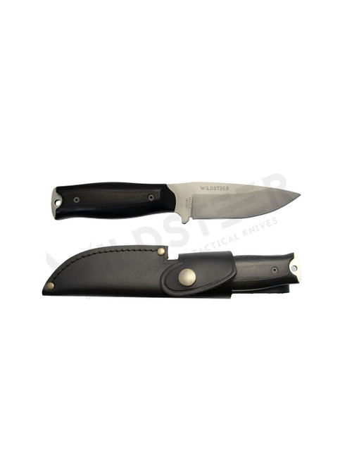 WildSteer Kastor Small Bushcraft Fixed Blade Knife - 3.58" Sandvik 14C28N Drop Point Blade, Black Micarta Handles, Leather Sheath WildSteer Kastor Small Bushcraft Fixed Blade Knife - 3.58" Sandvik 14C28N Drop Point Blade, Black Micarta Handles, Leather Sheath